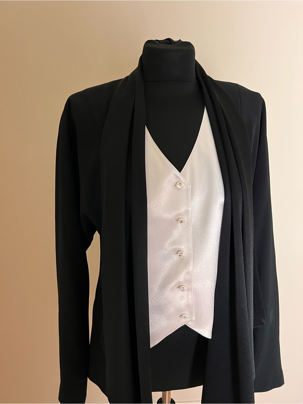 Cache Black Draped Open-Front Jacket with Ivory Vest Detail